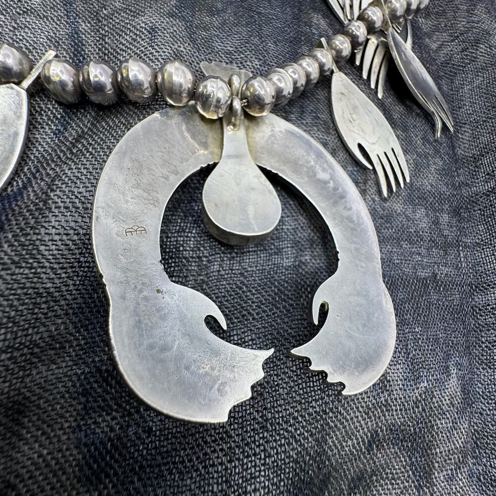 Vintage Silver & Turquoise Hand Squash Blossom Necklace - Picture 4 of 6